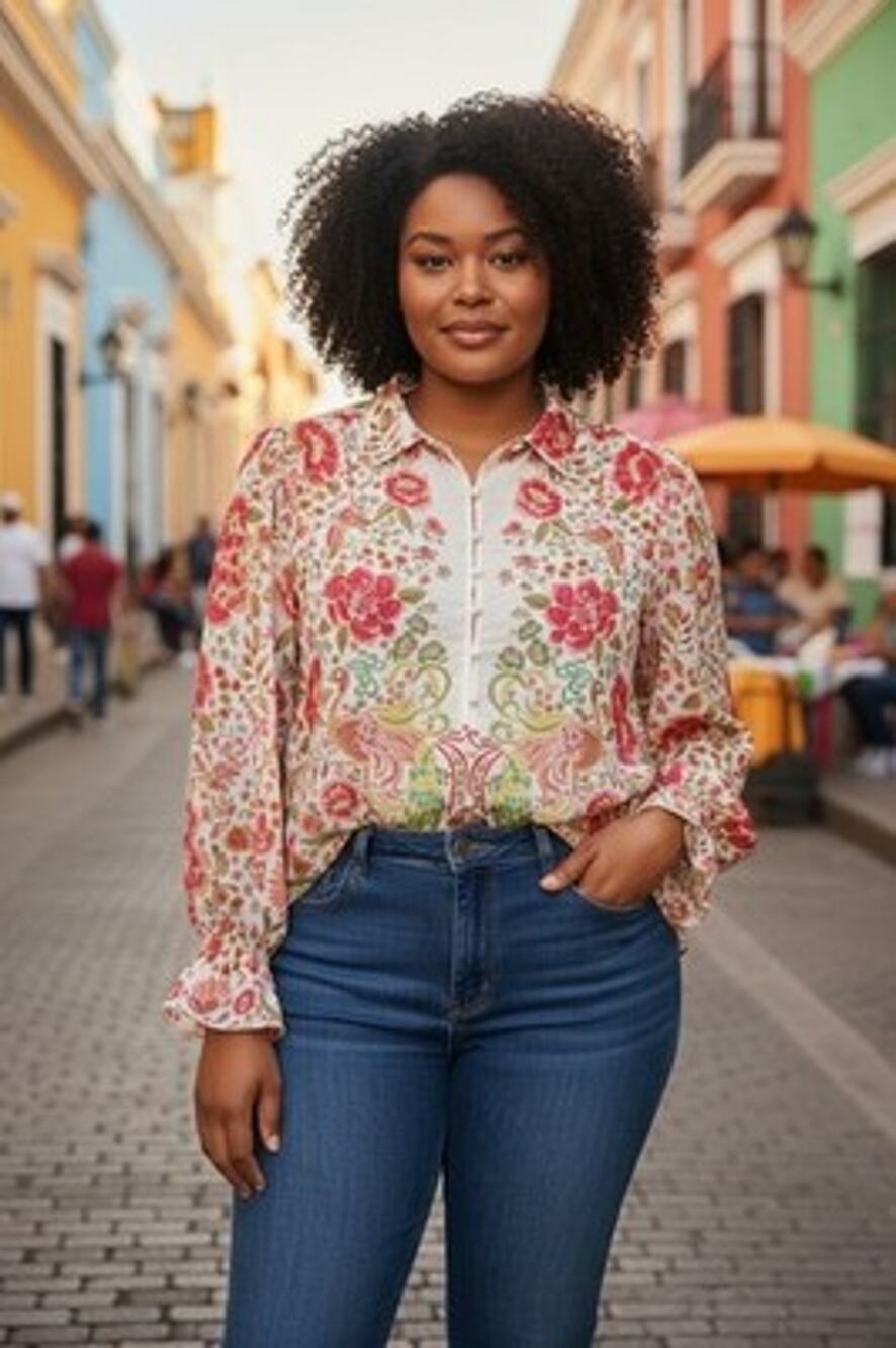 ROSE+OLIVE Floral Collared Chiffon Blouse Loop Buttons Cream Pink Plus Size 1X